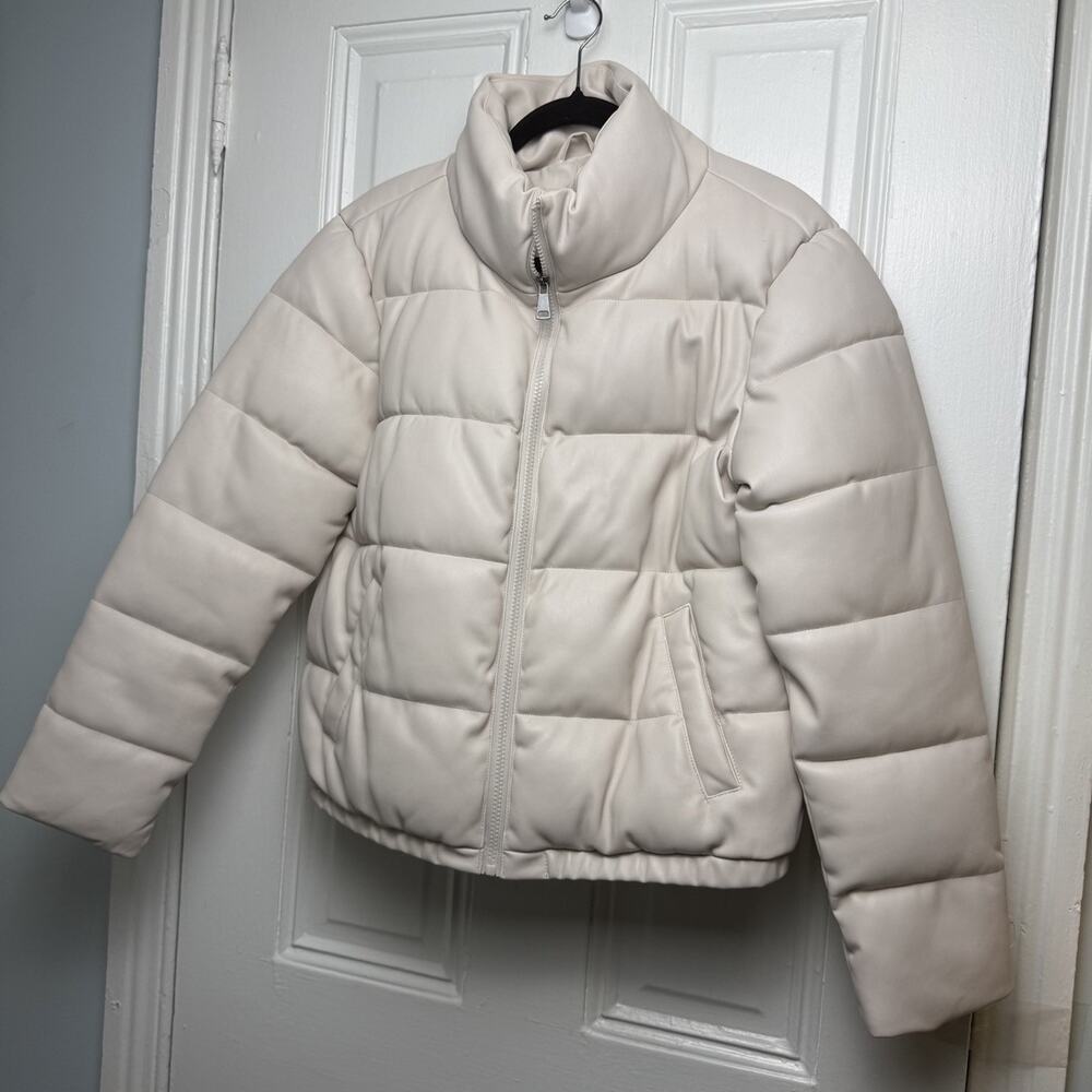 Sebby Collection Vegan Leather Puffer Coat Cropped Cream Womens Medium